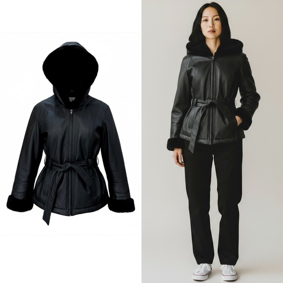 Pelle Studio Jackets & Blazers - 100% Genuine Leather Coat with Faux Fur Interior Women's Black Hooded Jacket